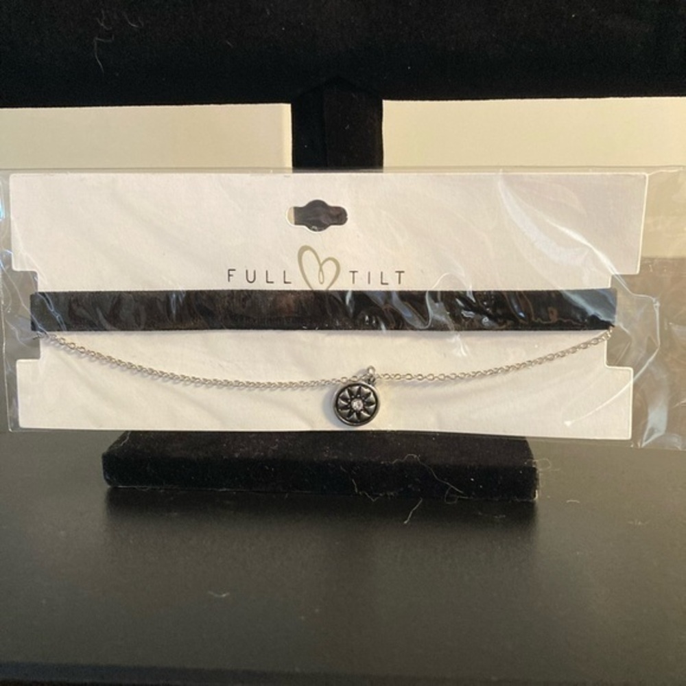Full Tilt choker. Black velvet and silver tone with charm.